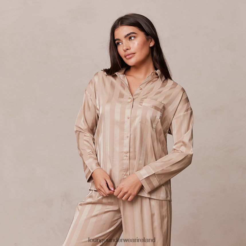 Lounge Apparel Women Striped Satin Pajama Shirt F2H42Z923 Mink