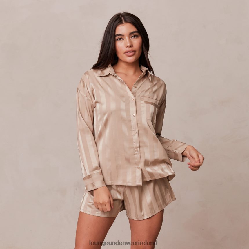 Lounge Apparel Women Striped Satin Pajama Shirt F2H42Z923 Mink