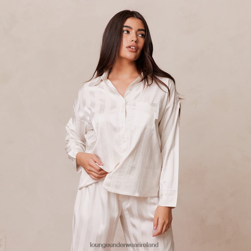 Lounge Apparel Women Striped Satin Pajama Shirt F2H42Z930 Pearl