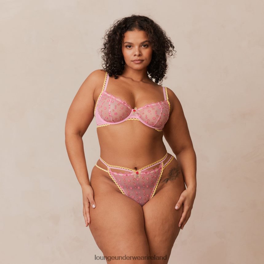 Lounge Underwear Women Daisy Embroidered Balcony Bra & Thong/Briefs Set F2H42Z123 Pink