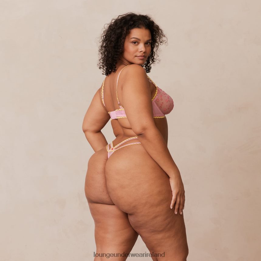 Lounge Underwear Women Daisy Embroidered Balcony Bra & Thong/Briefs Set F2H42Z123 Pink