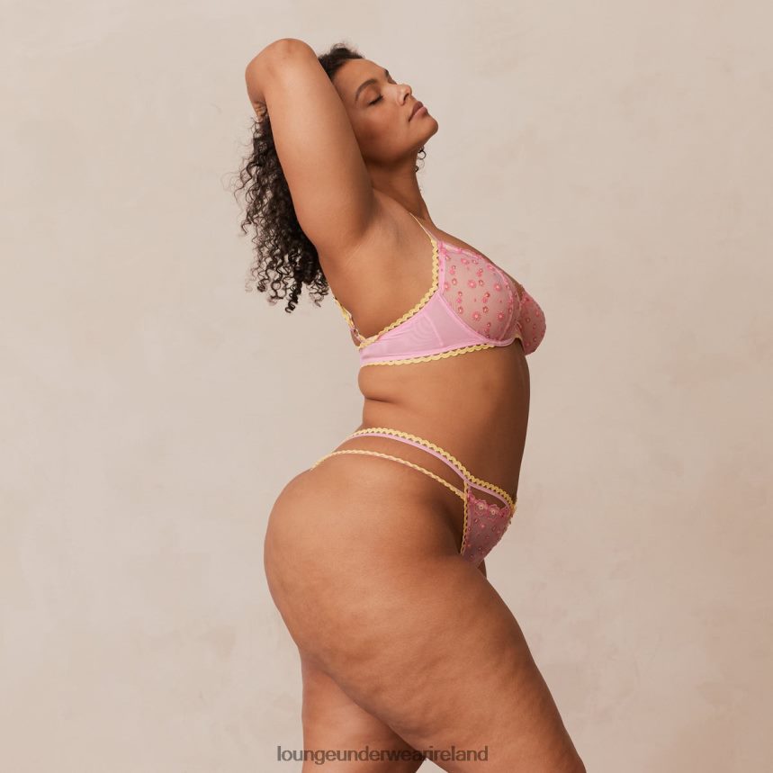 Lounge Underwear Women Daisy Embroidered Balcony Bra & Thong/Briefs Set F2H42Z123 Pink