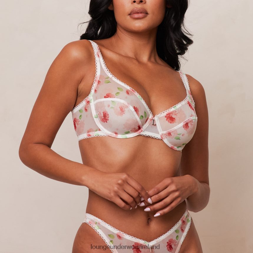 Lounge Underwear Women Floral Mesh Balcony Bra & Thong Set F2H42Z27 White