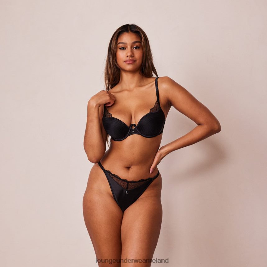 Lounge Underwear Women Quilted Lace Balcony Bra & G-string/Briefs Set F2H42Z161 Black