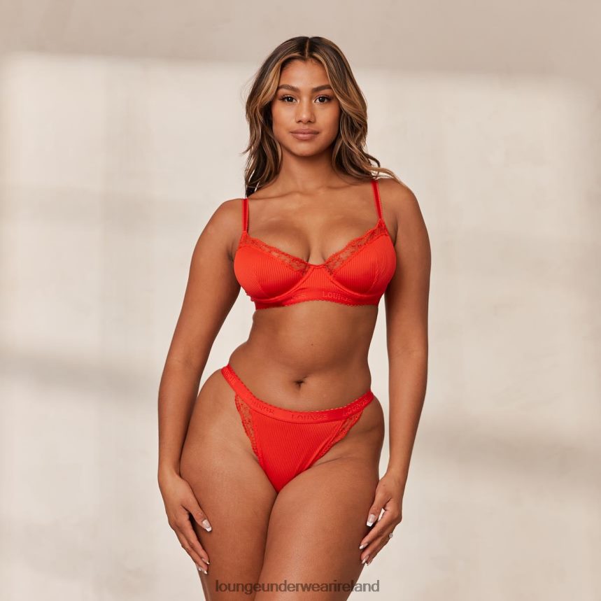 Lounge Underwear Women Ribbed Balcony Bra & Thong/Briefs Set F2H42Z131 Red