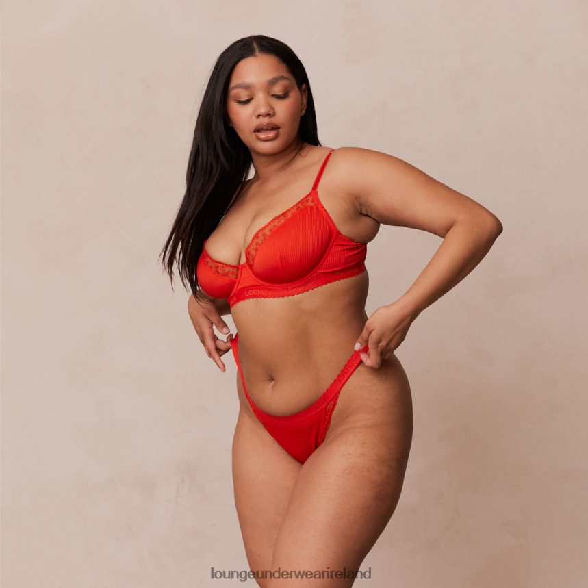 Lounge Underwear Women Ribbed Balcony Bra & Thong/Briefs Set F2H42Z131 Red