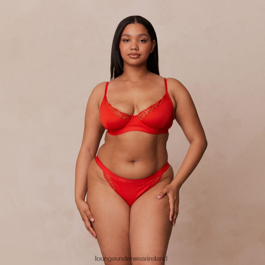 Lounge Underwear Women Ribbed Balcony Bra & Thong/Briefs Set F2H42Z131 Red