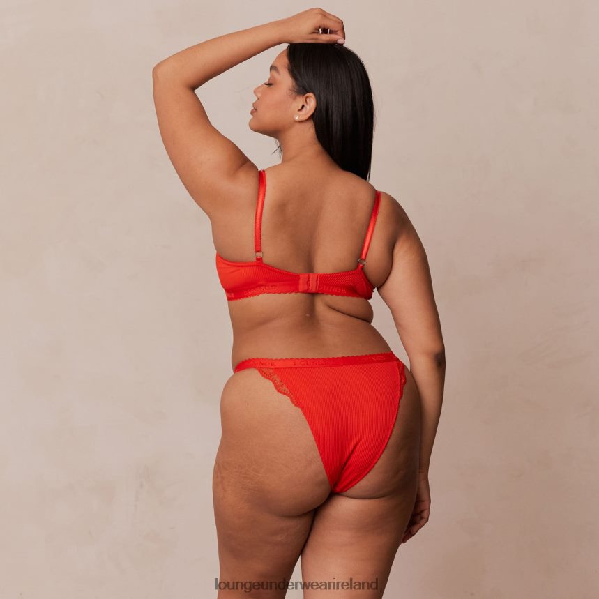 Lounge Underwear Women Ribbed Balcony Bra & Thong/Briefs Set F2H42Z131 Red