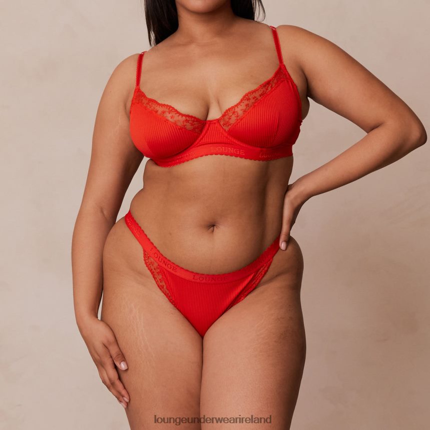 Lounge Underwear Women Ribbed Balcony Bra & Thong/Briefs Set F2H42Z131 Red