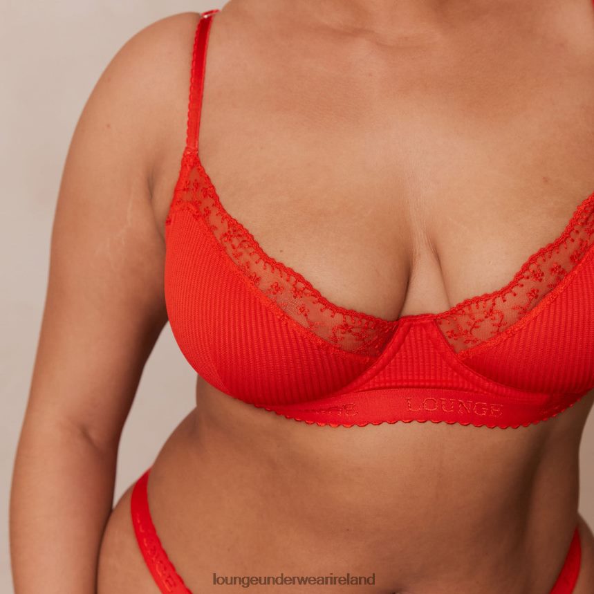 Lounge Underwear Women Ribbed Balcony Bra & Thong/Briefs Set F2H42Z131 Red