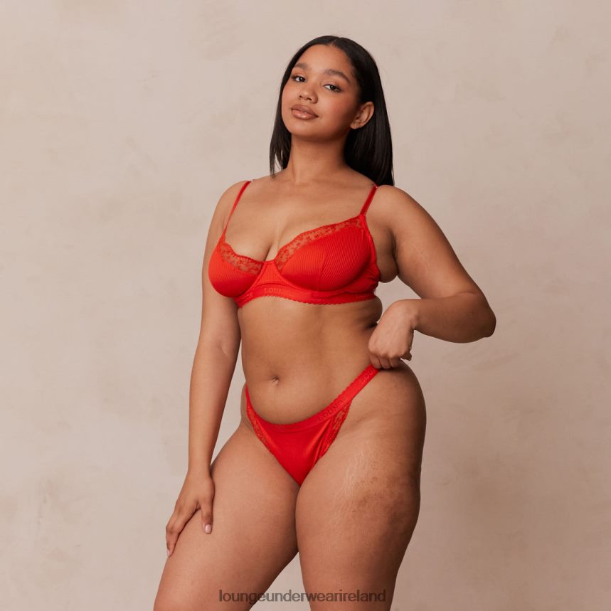 Lounge Underwear Women Ribbed Balcony Bra & Thong/Briefs Set F2H42Z131 Red