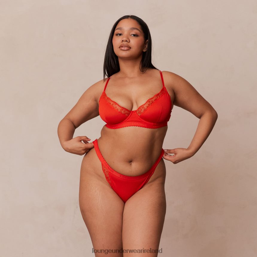 Lounge Underwear Women Ribbed Balcony Bra & Thong/Briefs Set F2H42Z131 Red