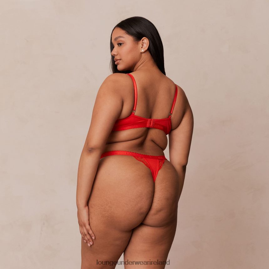 Lounge Underwear Women Ribbed Balcony Bra & Thong/Briefs Set F2H42Z131 Red