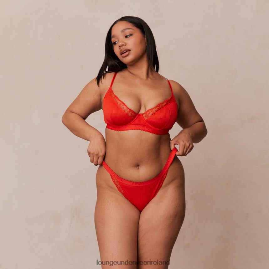 Lounge Underwear Women Ribbed Balcony Bra & Thong/Briefs Set F2H42Z131 Red