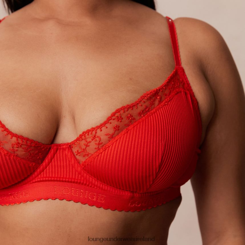 Lounge Underwear Women Ribbed Balcony Bra & Thong/Briefs Set F2H42Z131 Red