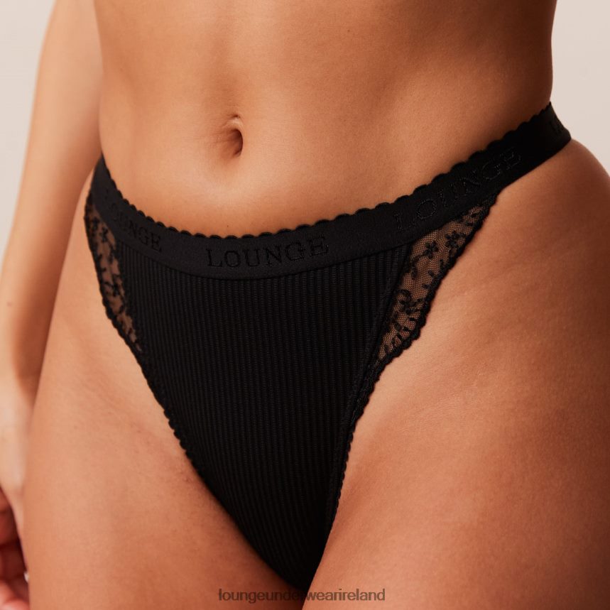 Lounge Underwear Women Ribbed Balcony Bra & Thong/Briefs Set F2H42Z73 Black