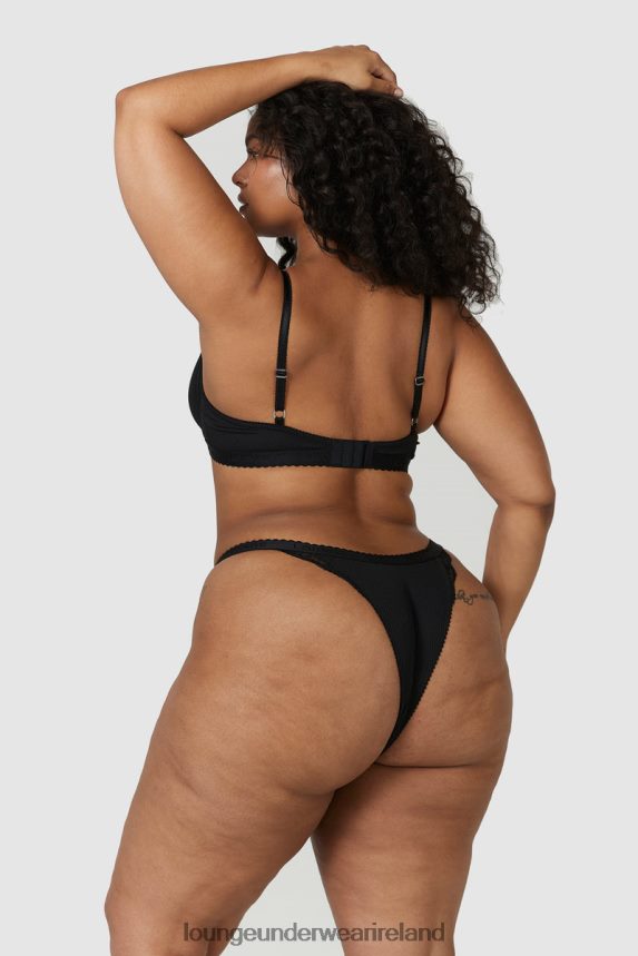 Lounge Underwear Women Ribbed Balcony Bra & Thong/Briefs Set F2H42Z73 Black