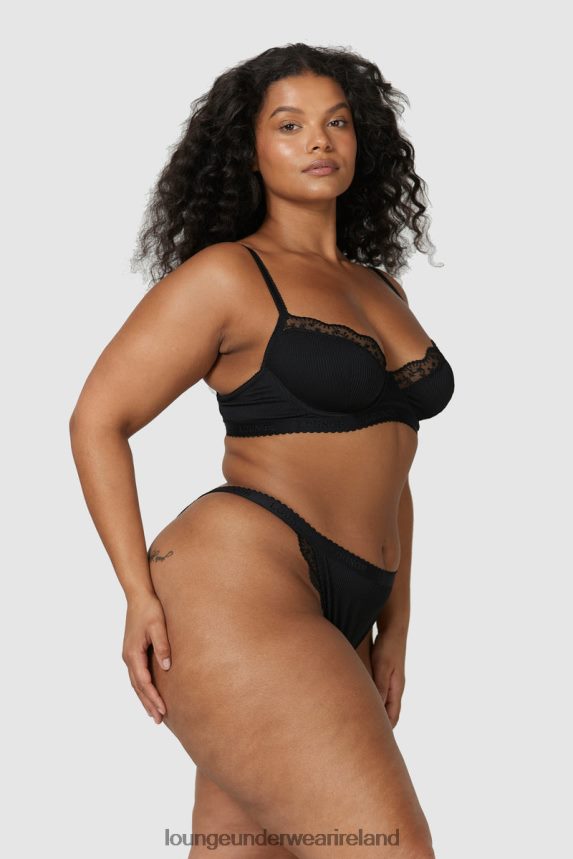 Lounge Underwear Women Ribbed Balcony Bra & Thong/Briefs Set F2H42Z73 Black