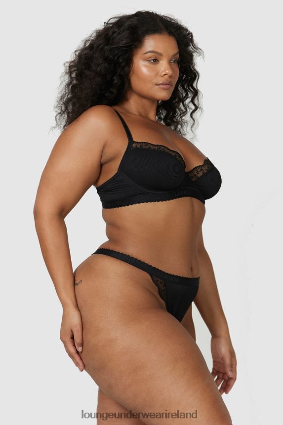 Lounge Underwear Women Ribbed Balcony Bra & Thong/Briefs Set F2H42Z73 Black