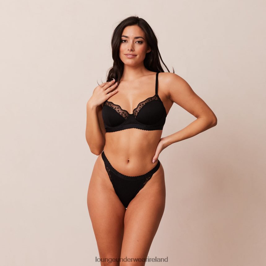 Lounge Underwear Women Ribbed Balcony Bra & Thong/Briefs Set F2H42Z73 Black