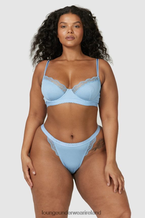 Lounge Underwear Women Ribbed Balcony Bra & Thong/Briefs Set F2H42Z89 Blue