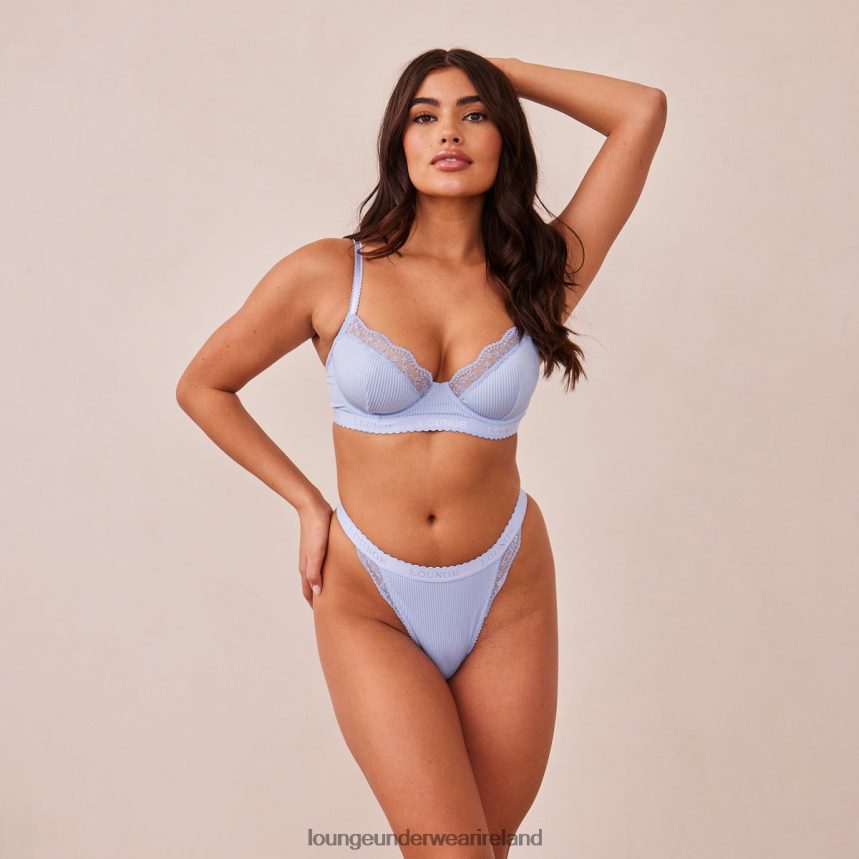 Lounge Underwear Women Ribbed Balcony Bra & Thong/Briefs Set F2H42Z89 Blue