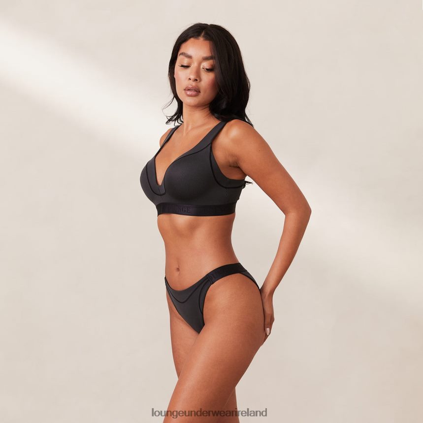 Lounge Underwear Women Ribbed Mindful Bra & Thong/Briefs Set F2H42Z165 Black