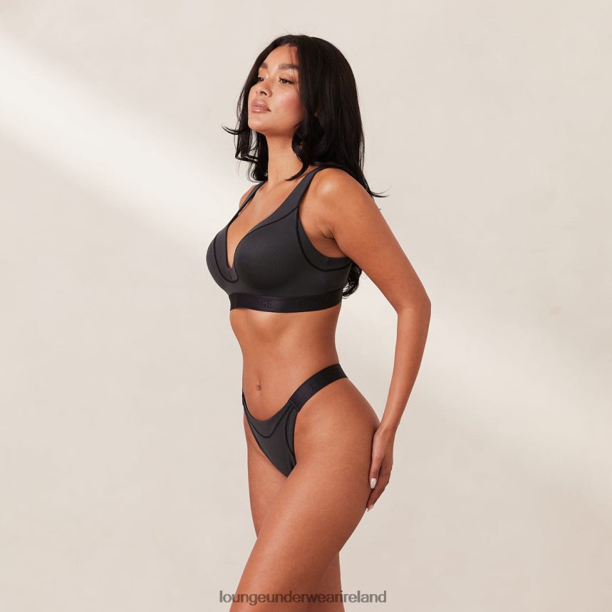 Lounge Underwear Women Ribbed Mindful Bra & Thong/Briefs Set F2H42Z165 Black