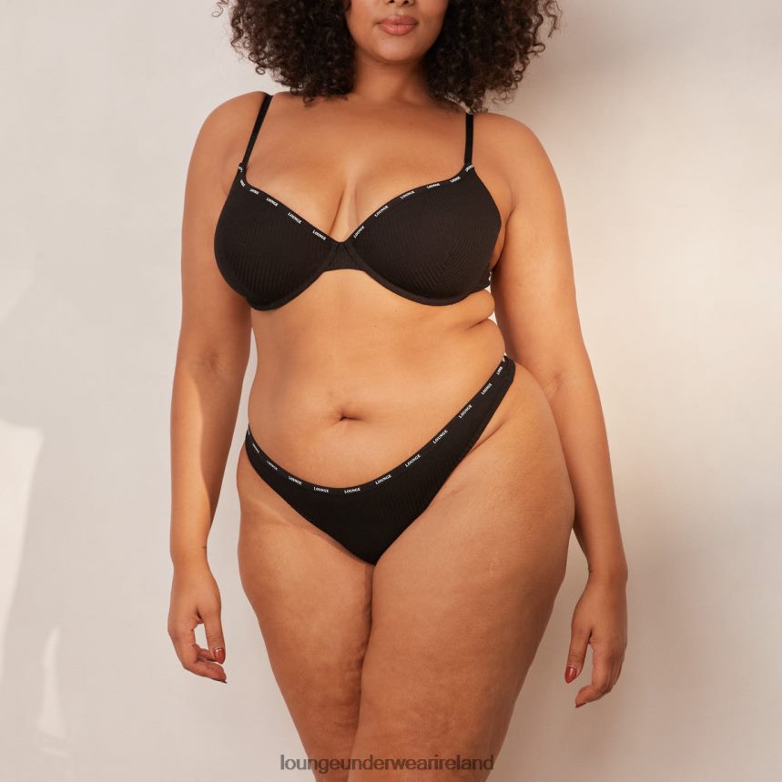 Lounge Underwear Women So Soft Ribbed T Shirt Bra & Thong Set F2H42Z13 Black