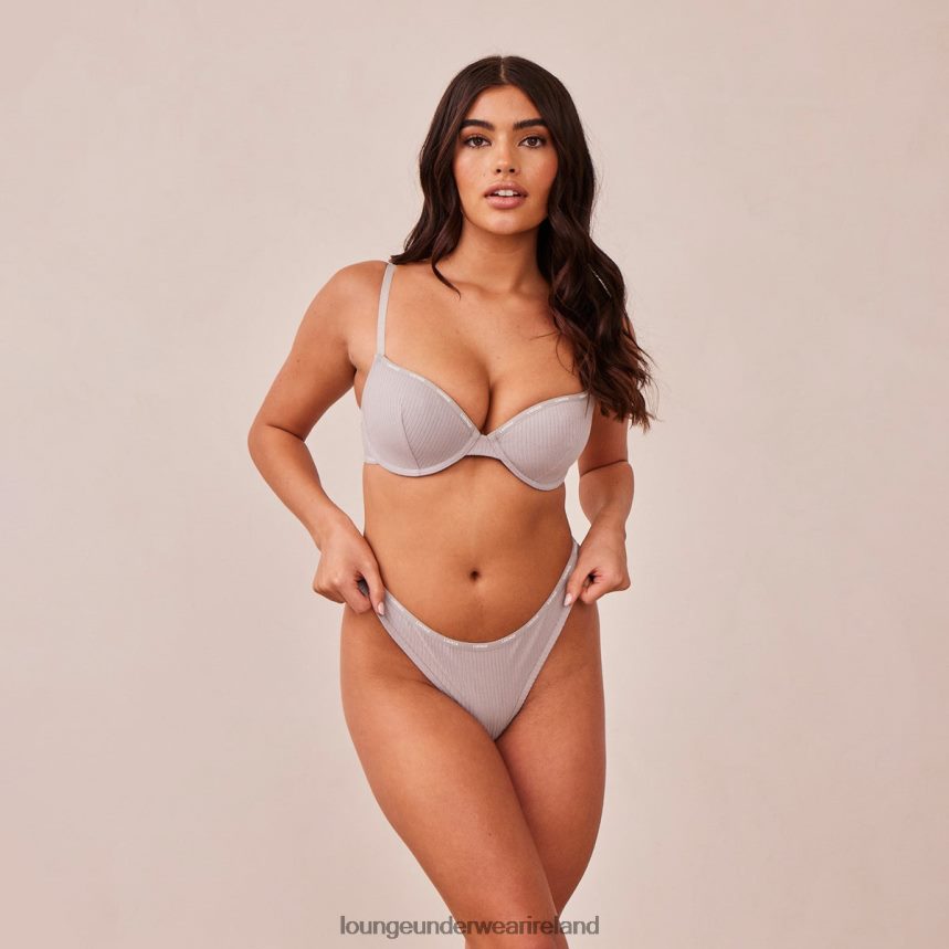 Lounge Underwear Women So Soft Ribbed T Shirt Bra & Thong Set F2H42Z42 Grey