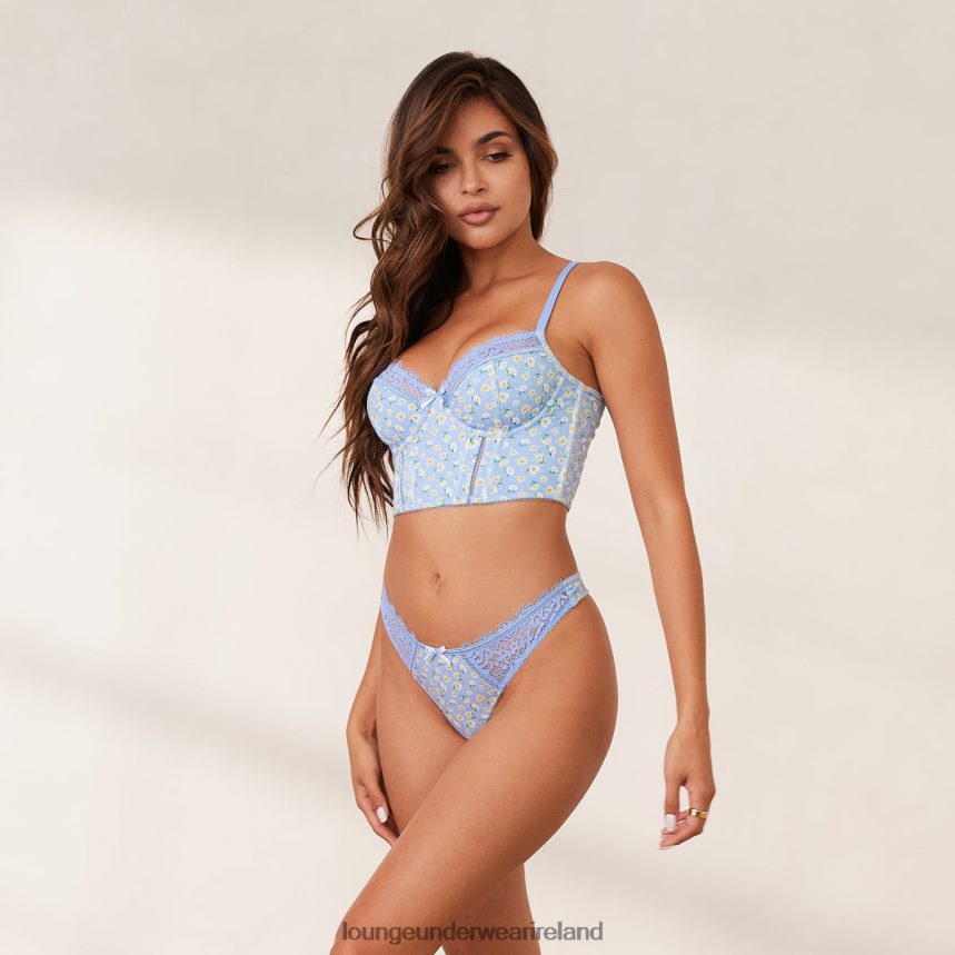 Lounge Underwear Women Sweet Longline Bra & Thong Set F2H42Z144 Blue Floral