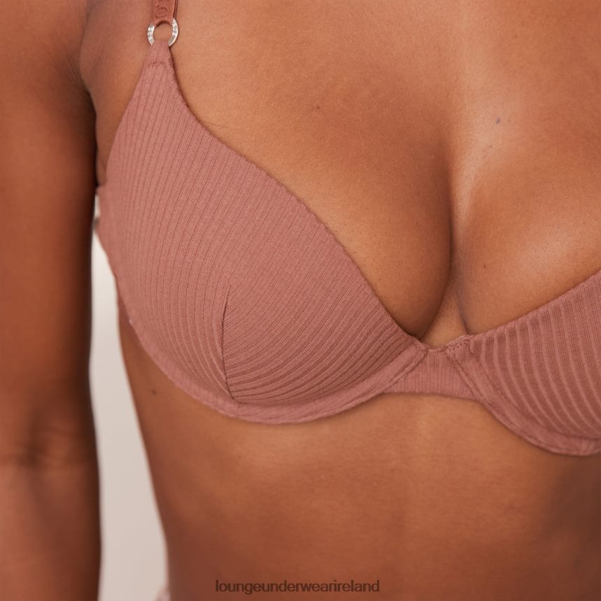 Lounge Underwear Women Ultra Comfort Ribbed T Shirt Bra & Thong Set F2H42Z40 Mocha