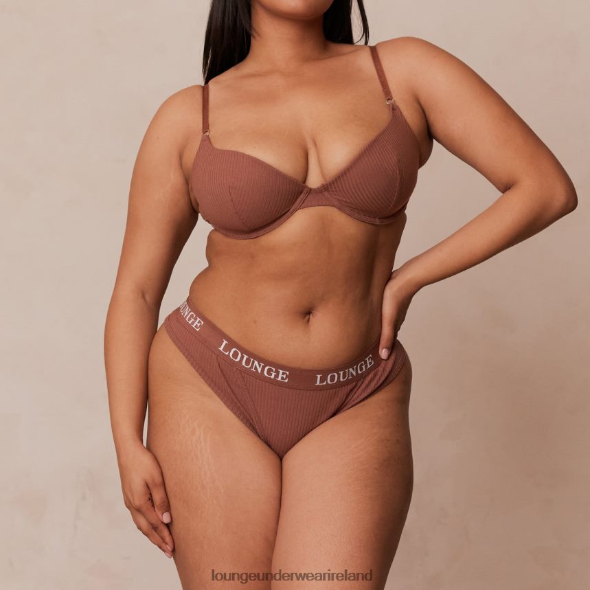 Lounge Underwear Women Ultra Comfort Ribbed T Shirt Bra & Thong Set F2H42Z40 Mocha