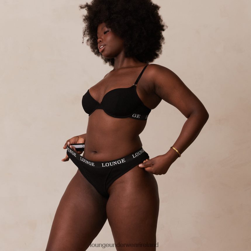 Lounge Underwear Women Ultra Comfort Ribbed T Shirt Bra & Thong Set F2H42Z64 Black