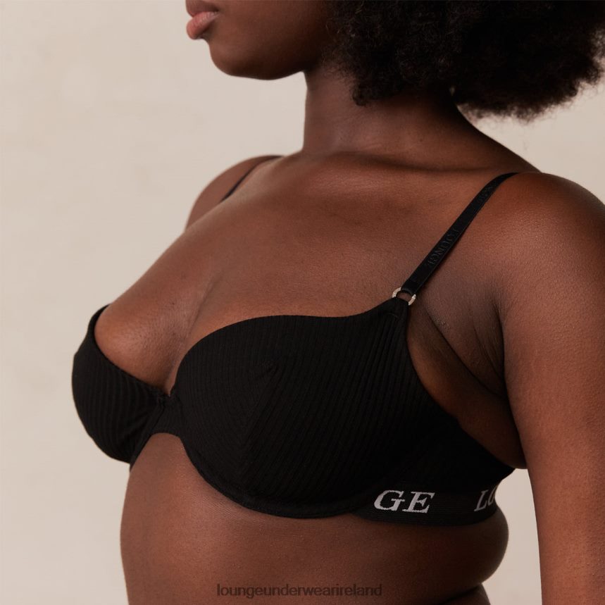 Lounge Underwear Women Ultra Comfort Ribbed T Shirt Bra & Thong Set F2H42Z64 Black