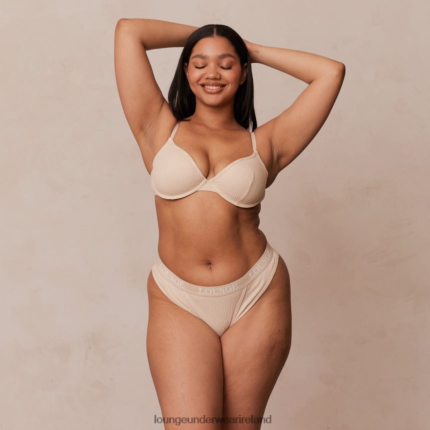 Lounge Underwear Women Ultra Comfort Ribbed T Shirt Bra & Thong Set F2H42Z80 Latte