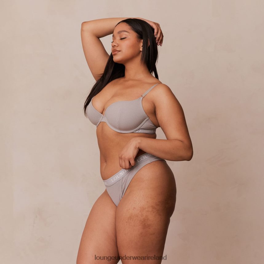 Lounge Underwear Women Ultra Comfort Ribbed T Shirt Bra & Thong Set F2H42Z81 Grey