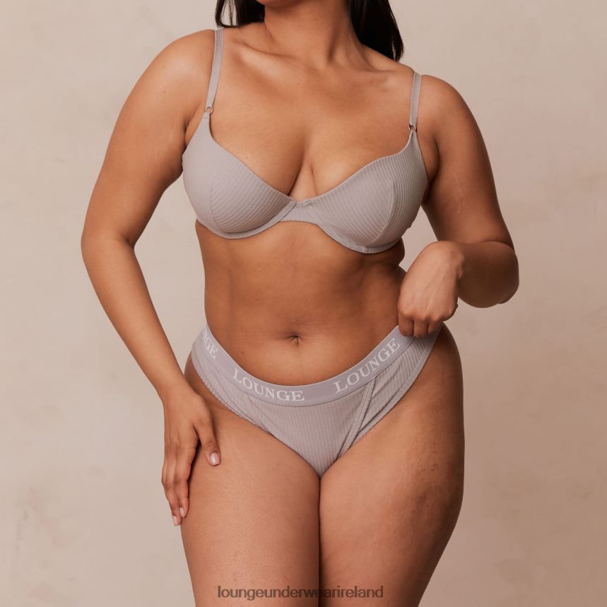 Lounge Underwear Women Ultra Comfort Ribbed T Shirt Bra & Thong Set F2H42Z81 Grey