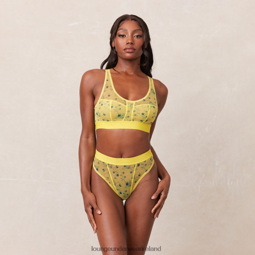 Lounge Underwear Women Floral Mesh Bralette & Thong Set F2H42Z229 Yellow