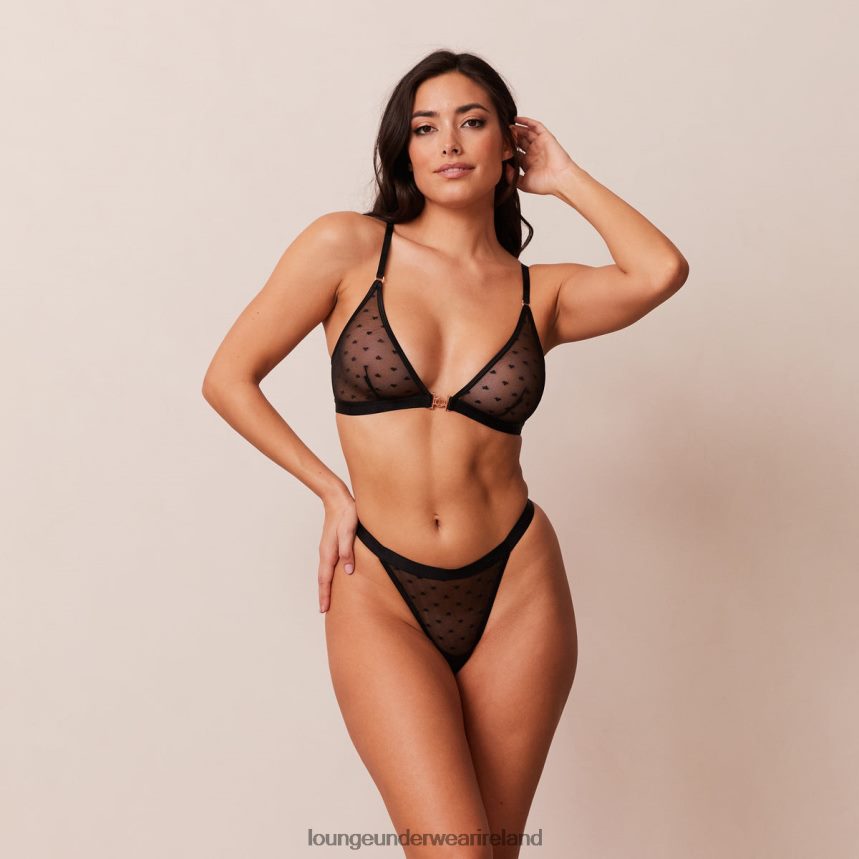 Lounge Underwear Women Love Heart Mesh Triangle Bra & Thong/Briefs Set F2H42Z192 Black