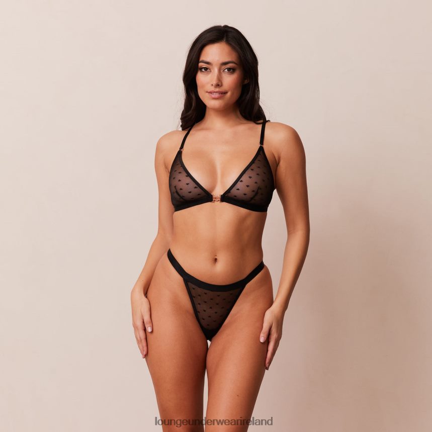 Lounge Underwear Women Love Heart Mesh Triangle Bra & Thong/Briefs Set F2H42Z192 Black