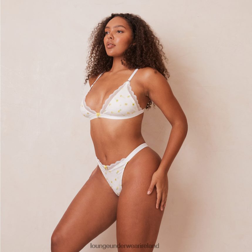 Lounge Underwear Women Ribbed Floral Triangle Bra & Thong/Briefs Set F2H42Z223 White