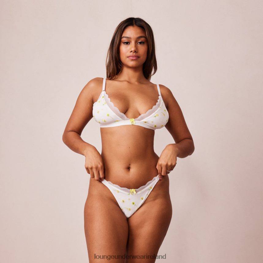 Lounge Underwear Women Ribbed Floral Triangle Bra & Thong/Briefs Set F2H42Z223 White