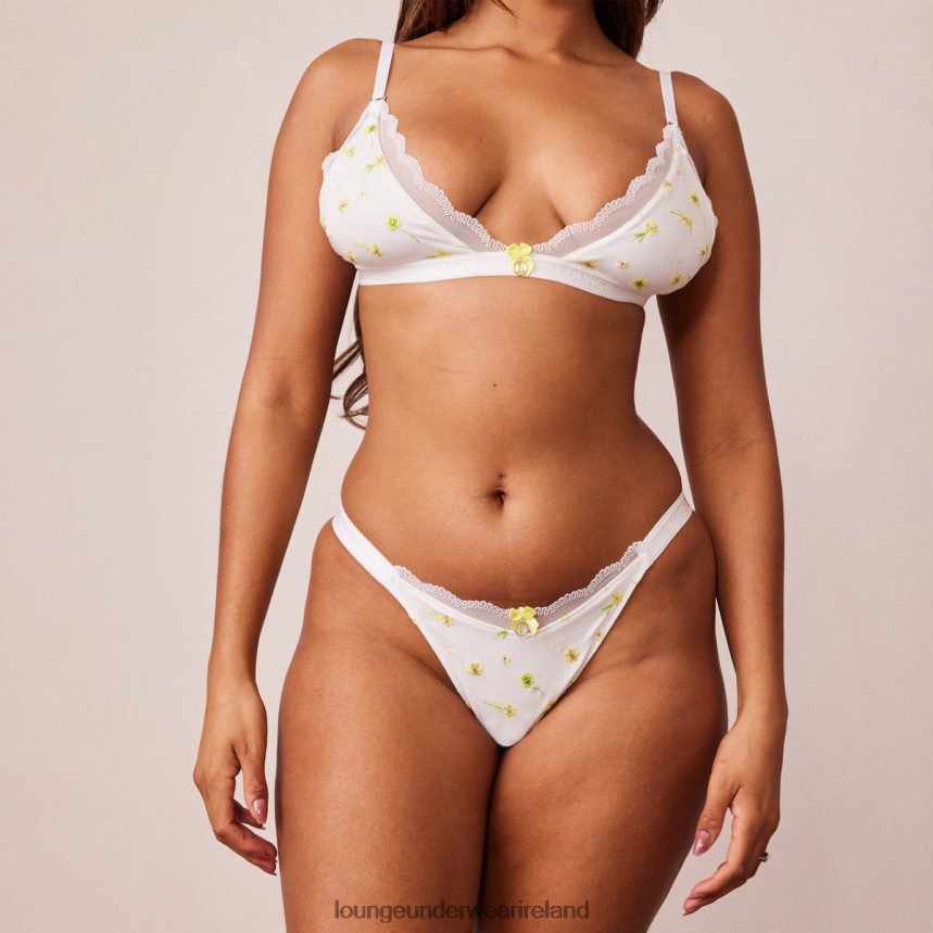 Lounge Underwear Women Ribbed Floral Triangle Bra & Thong/Briefs Set F2H42Z223 White