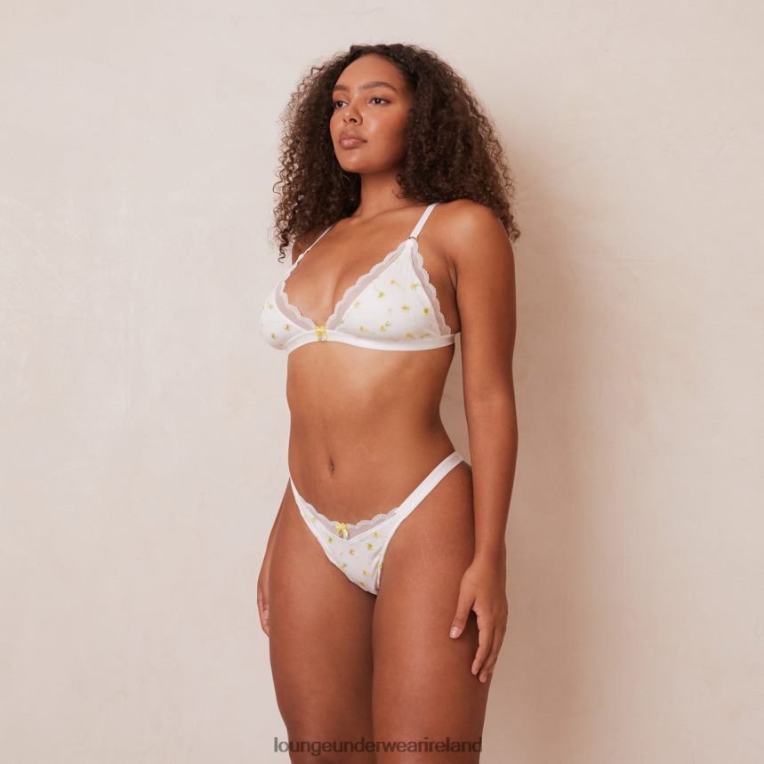 Lounge Underwear Women Ribbed Floral Triangle Bra & Thong/Briefs Set F2H42Z223 White