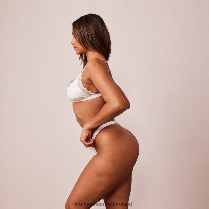 Lounge Underwear Women Ribbed Floral Triangle Bra & Thong/Briefs Set F2H42Z223 White