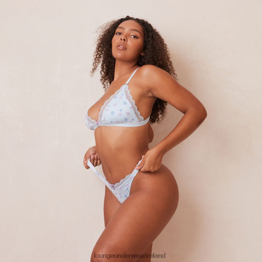 Lounge Underwear Women Ribbed Floral Triangle Bra & Thong/Briefs Set F2H42Z224 Blue