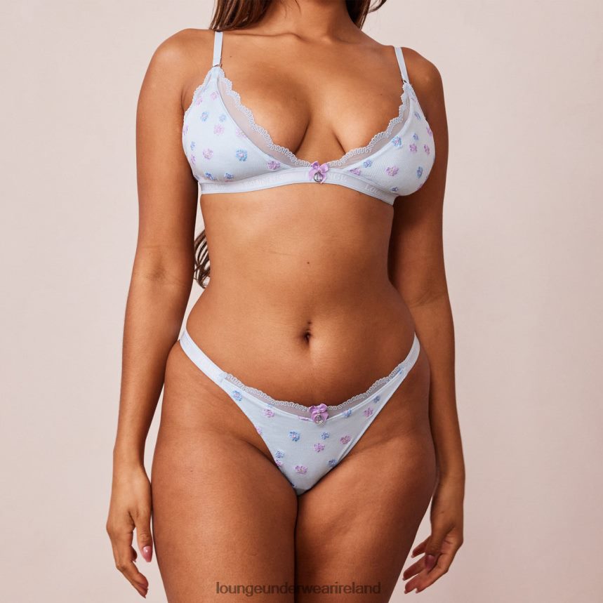 Lounge Underwear Women Ribbed Floral Triangle Bra & Thong/Briefs Set F2H42Z224 Blue