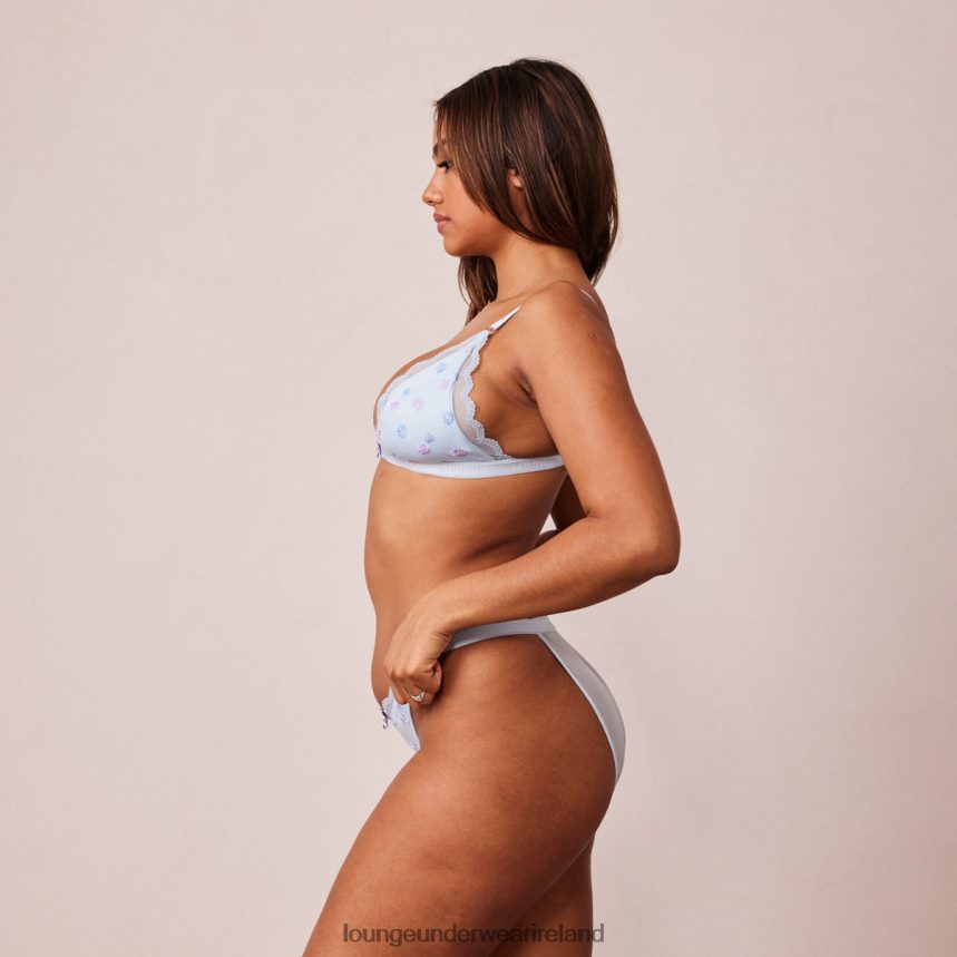 Lounge Underwear Women Ribbed Floral Triangle Bra & Thong/Briefs Set F2H42Z224 Blue