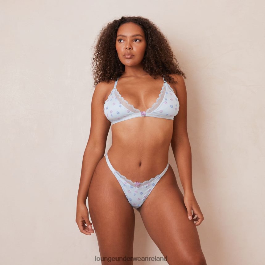 Lounge Underwear Women Ribbed Floral Triangle Bra & Thong/Briefs Set F2H42Z224 Blue